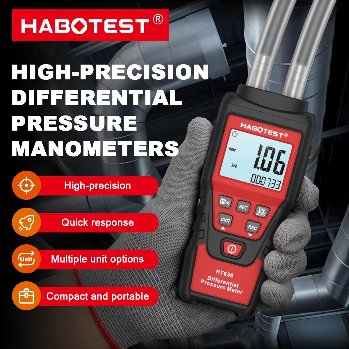 Фото HABOTEST HT636 Цифровой манометр Манометр Измеритель давления воздуха Дифференциальный манометр Прецизионный комплект воздуха Детектор-метр №1