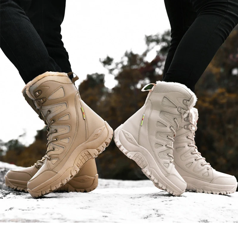 JIEMIAO Outdoor Men Trekking Hiking Shoes Comfort Non-slip Plush Winter Snow Boots Big Size Military Tactical Boot Size 36-46