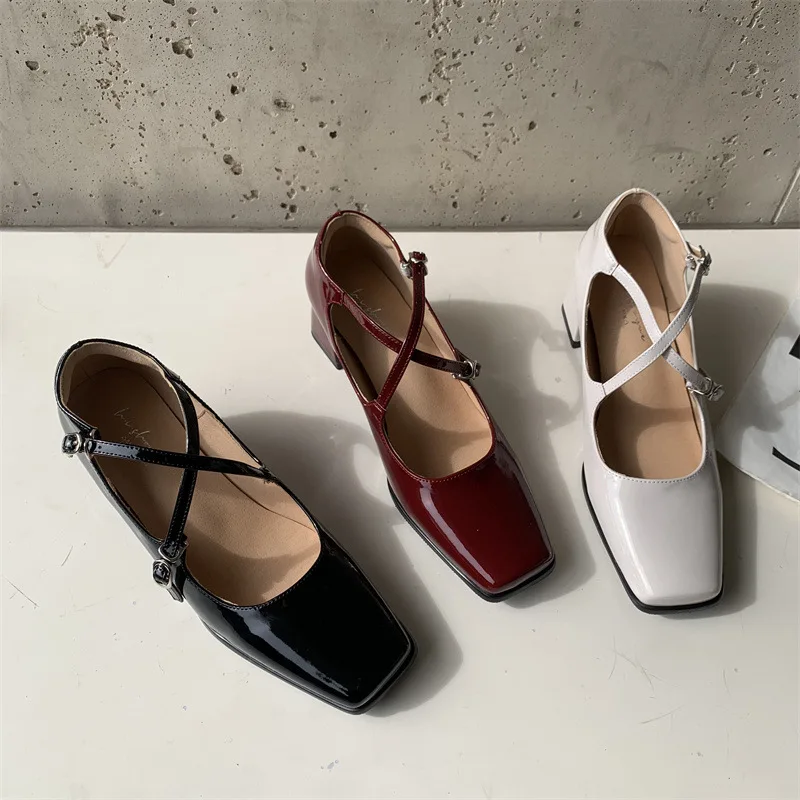 

Summer Shoes Ladies Patent Leather Ballet Flats Autumn Female Footwear Casual Sneaker Square Toe 2022 Cross Fall Retro Dress