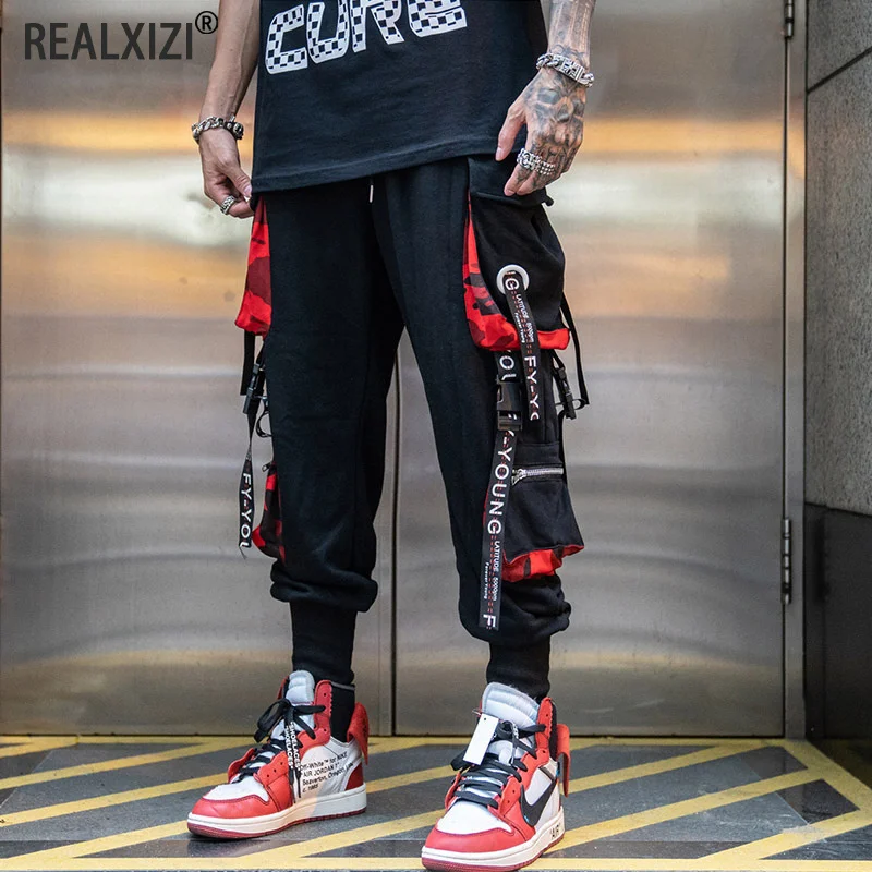 

Letter Ribbons Cargo Pants Hip Hop Joggers Trousers Harajuku Casual Streetwear Hit Color Pocket Male Sweatpants Men's Harem Pant