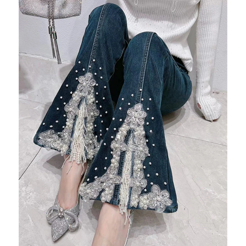Spring Fall Women High Waisted Pearls Beading Tassel Embroidery Flare Jeans , Woman Stretch Blue Black Beads Denim Trousers