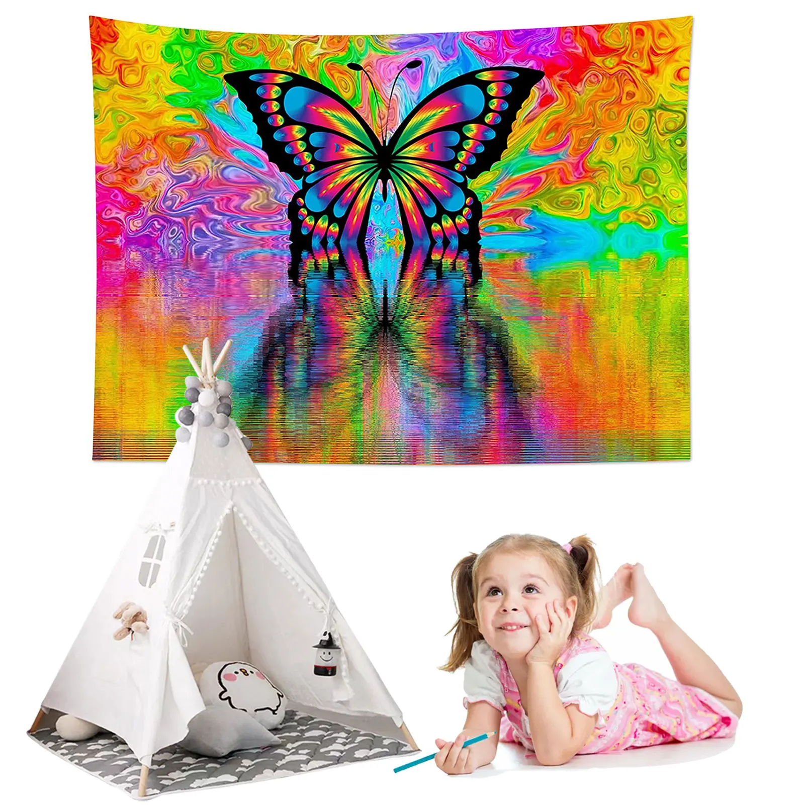 

Psychedelic Butterfly Tapestry Trippy Hippie Colourful Butterflies Wall Hanging 3D Fantasy Hippie Trippy Tapestry Wall Art