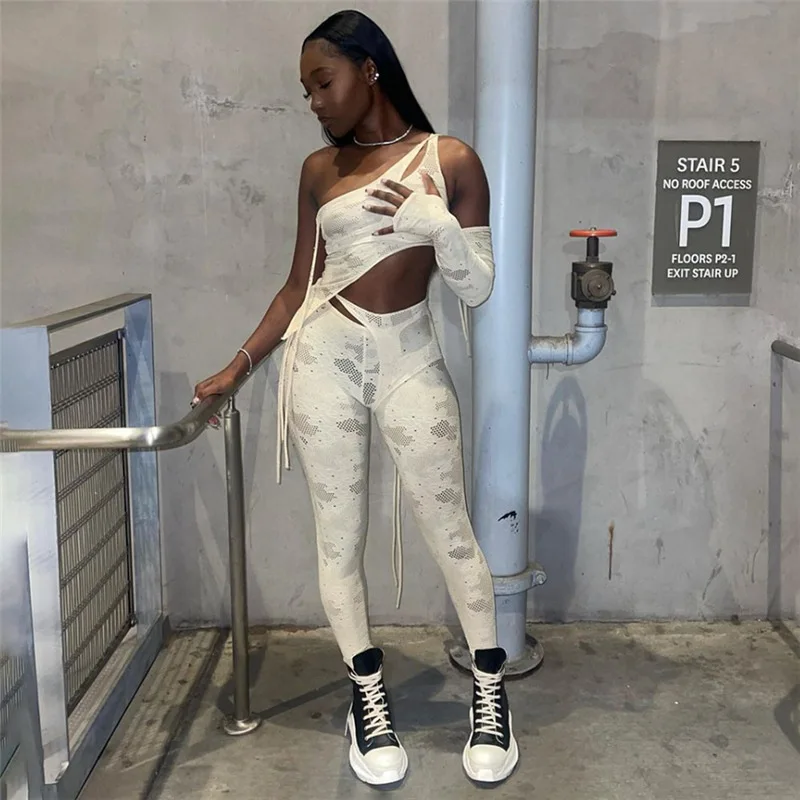 

BoozRey Diagonal Shoulder Irregular Slim Top High Waist Slim Trousers Printed Suit Sexy Outfits Streetwear Two Piece Set Women