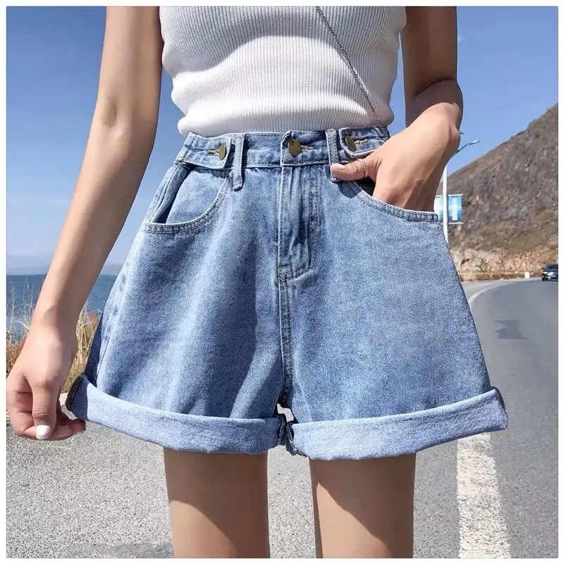 Folded Hem Adjustable Rolled Denim Shorts High Waisted Straight  Five Pants Wide Leg Woman Jeans Casual  Korean A-line Trousers