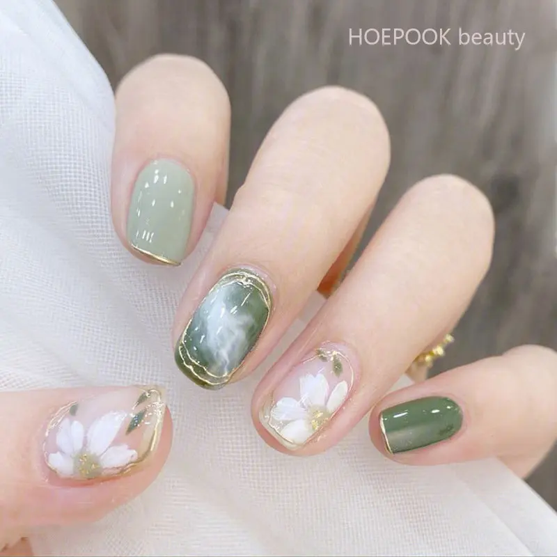 

24pcs Green Halo Dye Camellia Finished Fake Nails Art Full Cover Waterproof False Nails Set Acrylic Press On Nail With Designs