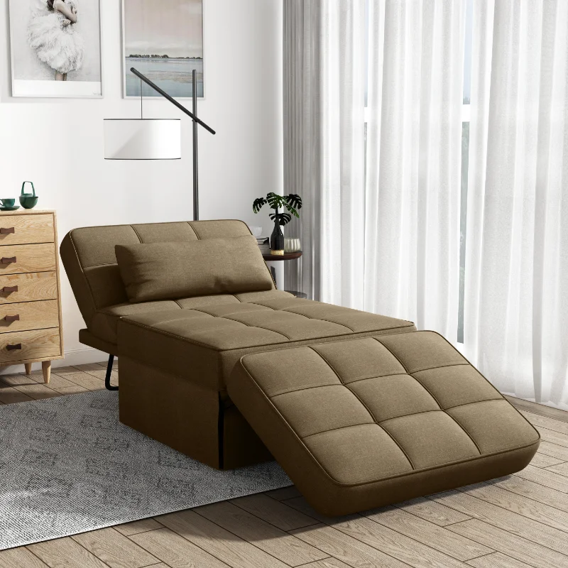 

Living Room Bed Room Metal Frame with Brown Linen Fabric Recliner Bed Ottoman Brown Fabric [US Stock]