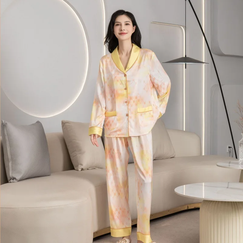 2023 Spring and Autumn New Pajamas Women's Ice Silk Long Sleeve Pants Set Home Clothes Set Green Fruit Collar