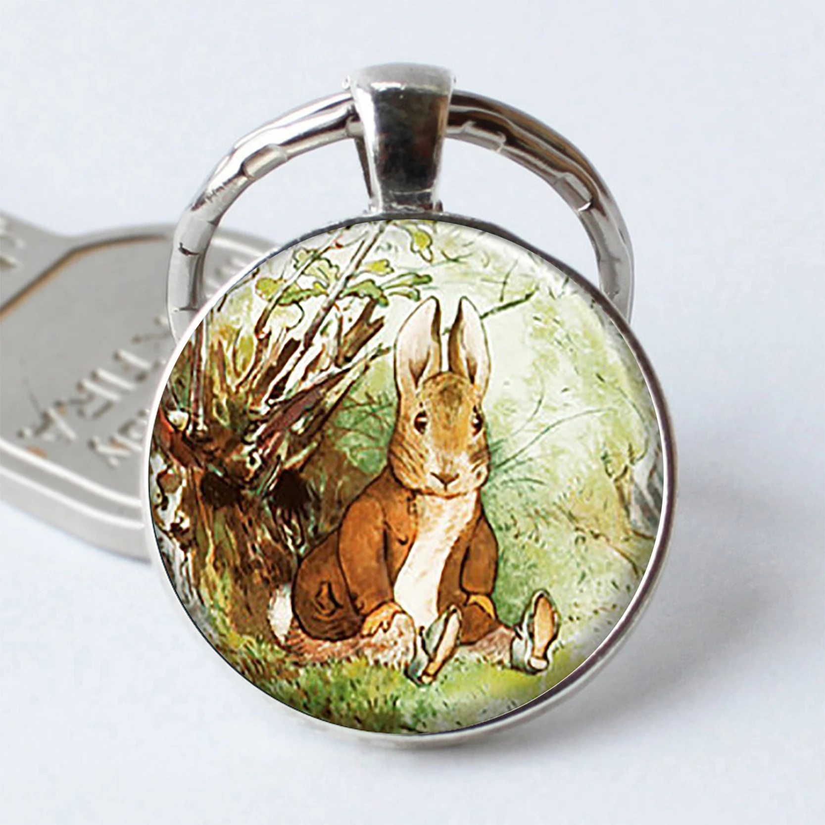

TOPKEEPING Benjamin Bunny Keychain Cabochon Keyring Charm Easter Bunny Glass Beatrix Potter Art Gift Oil Painting Key Chain Ring