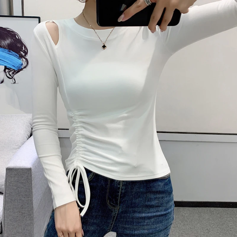 

Spring Autumn Long Sleeve Tops Women T-shirt Slim Hollow Shirring Basic T Shirts Korean Fashion Tshirt Female Camiseta Mujer