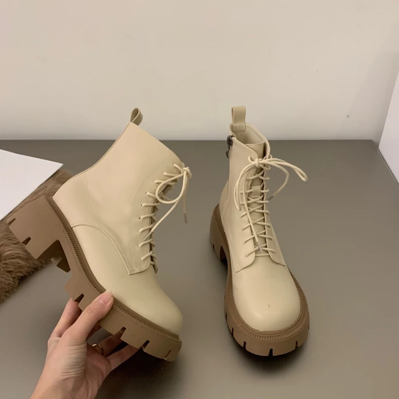 Ladies Winter Thick Heel Punk Ankle Boots Shoes Cross Lace Up Solid Color Ladies Casual Fashion Elegant Botas Mujer Women Shoes