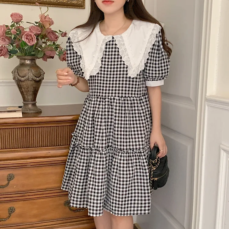 Милое летнее платье-миди в клетку с коротким рукавом модные блузки 2022 дешевая