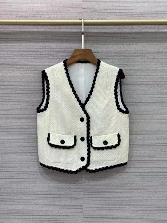 

2022 new women fashion high quality sleeveless v-neck pocket trim temperament cropped vest top 714