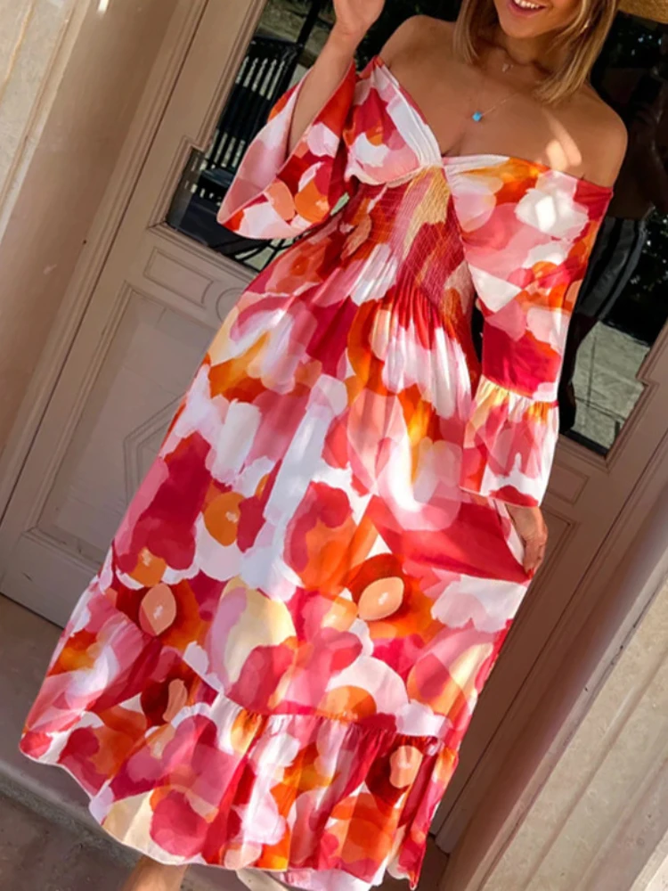 

Summer Floral Sexy V-Neck Chiffon Long Dress Women's Clothing Casual Loose Long Sleeve Ruffle Sleeve Beachwear Style Dress 2022
