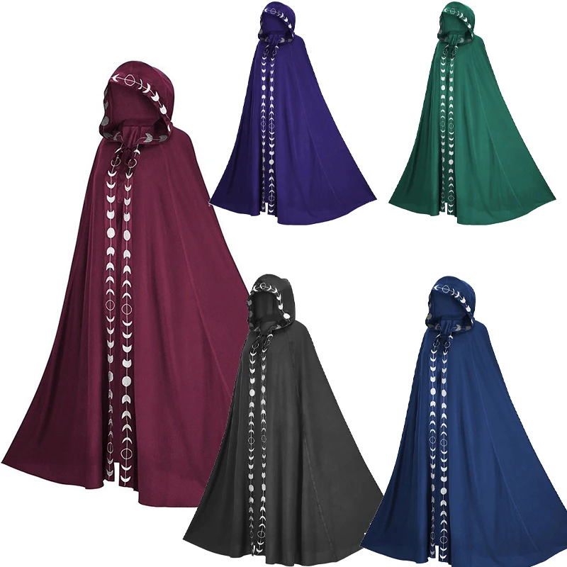 

Ponchos and Capes Womens Mens Moon Phases Print Hooded Cloak Halloween Medieval Renaissance Festivals Unisex Cloaks Cape