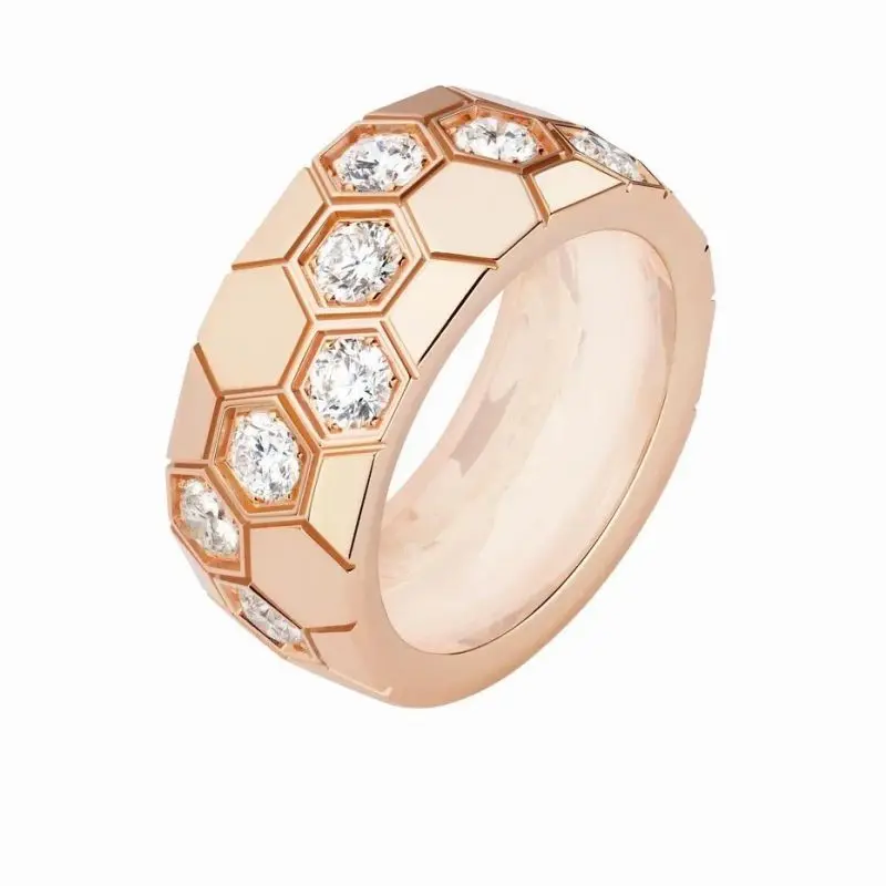 

French luxury brand jewelry 925 silver rose gold honeycomb Hoop women's diamond inlaid wide ring BEE MY LOVE