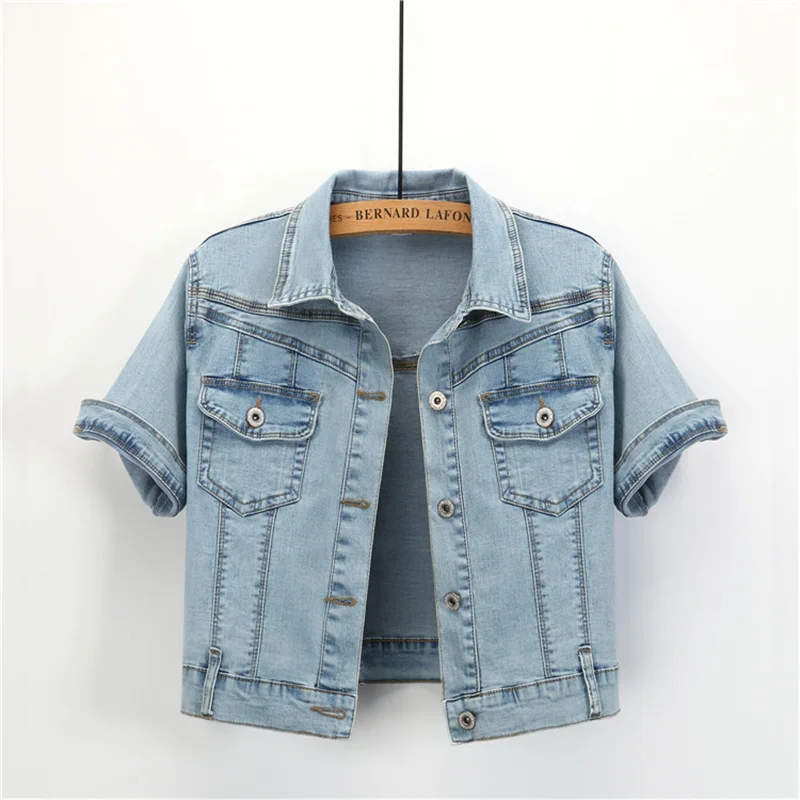 Женский короткий джинсовый кардиган тонкий летний с коротким рукавом модель XL