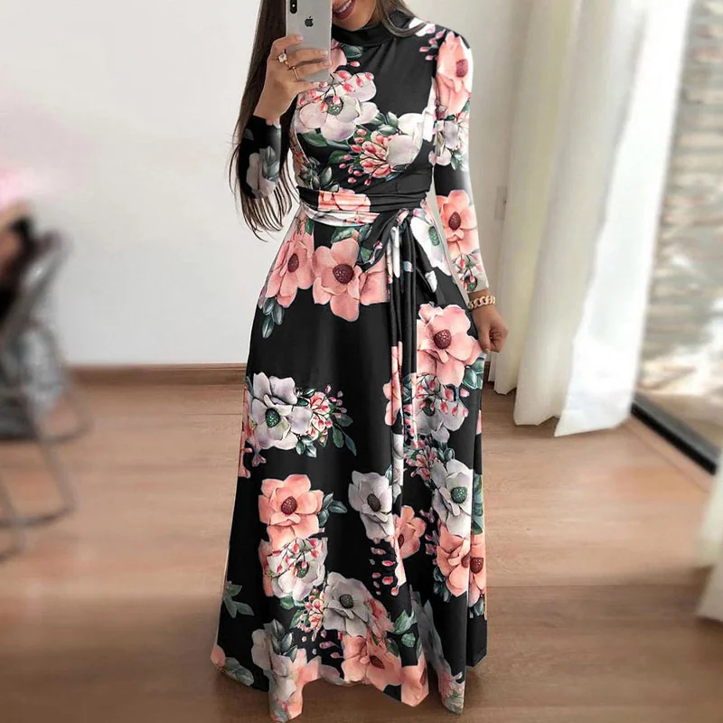 Vintage Floral Printed High Waist Women's Dress 2022 Autumn Large Skirt Pullover Lace-up Long Dresses Female Streetwear Robe 5XL