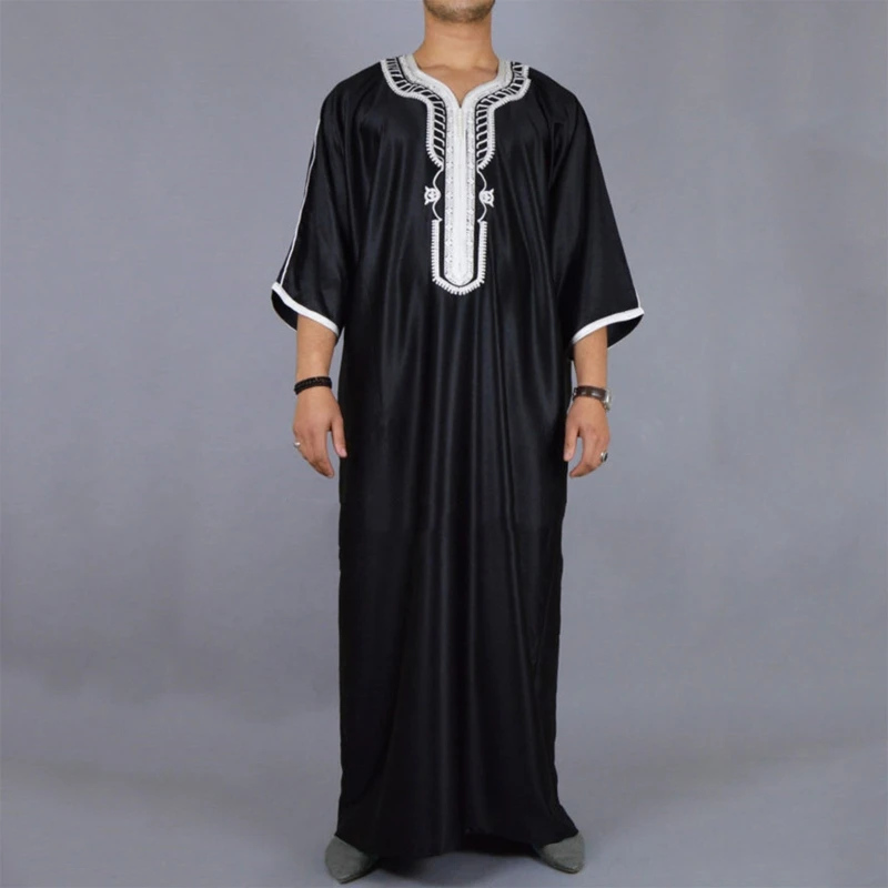 

H9ED Middle East Jubba Thobe Mid-length Sleeve Men Kaftan Muslim Robe Muslim Clothing