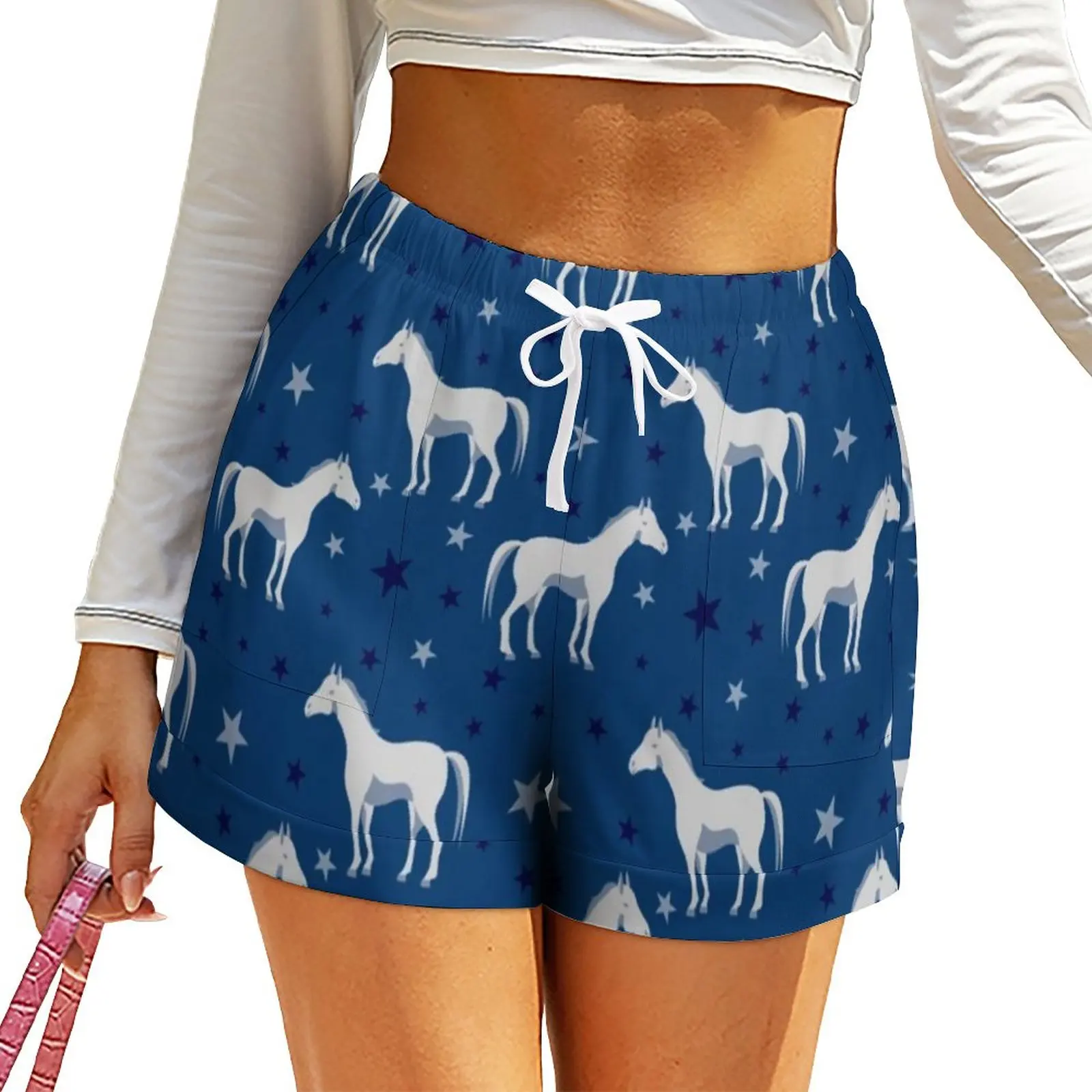Pantalones cortos blancos con estampado de estrellas y caballos para mujer, Shorts informales de talla grande, elegantes, para verano