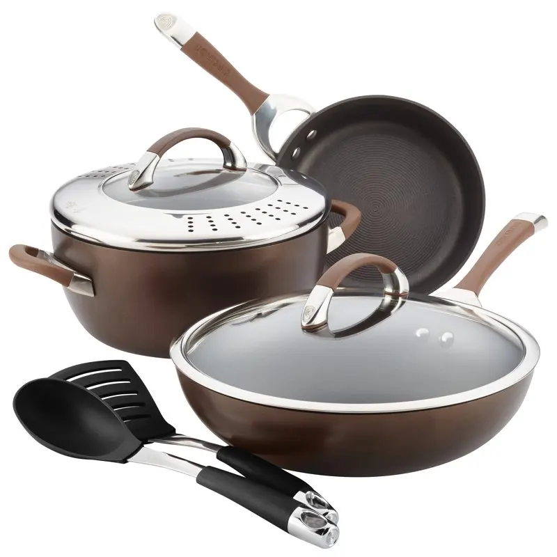 

Symmetry Hard-Anodized Nonstick Cookware Induction Pots and Pans Set with Recipe Booklet and Utensils, 8-Piece, Chocolate Cookin