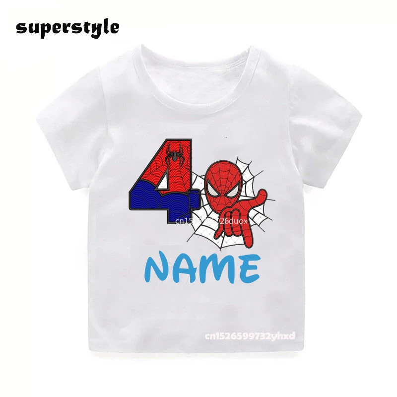 

Super Hero New Summer 2022 T-shirt 2 3 4 5 6 7 8 Year Boys Birthday Marvel Spiderman Shirts Personalize Name Birthday Boy Shirt