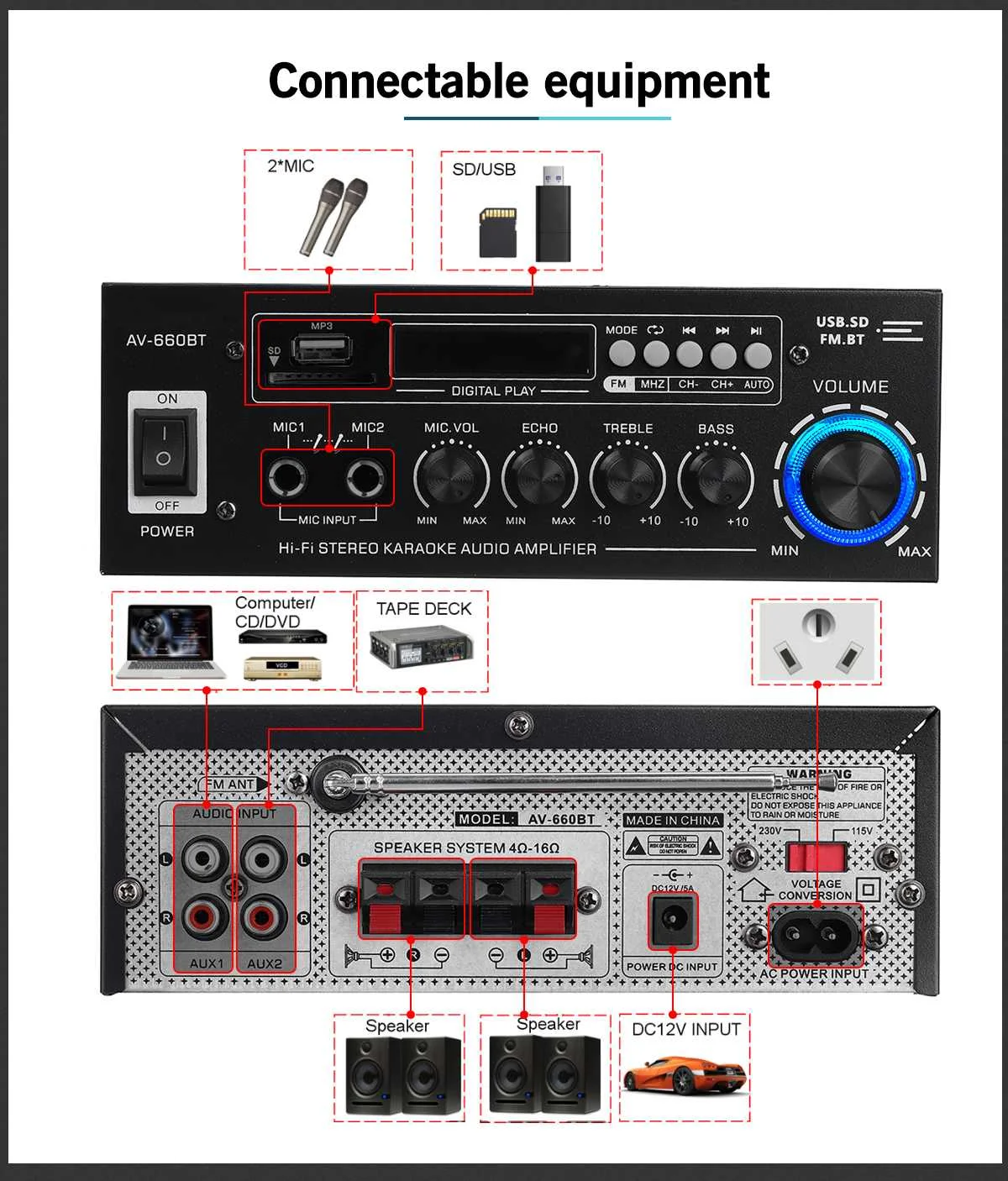 Усилитель мощности 2000 Вт 2 0 каналов 12 в пост. Тока 110 В/220 В поддержка EQ FM SD USB