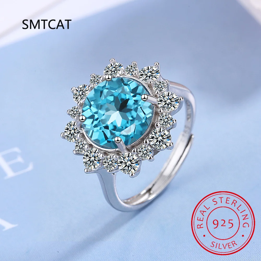 

Genuine Natural Blue Topaz 925 Sterling Silver Rings for Women Fashion Solitaire Gemstone Engagement Band Bague anillos De Prata