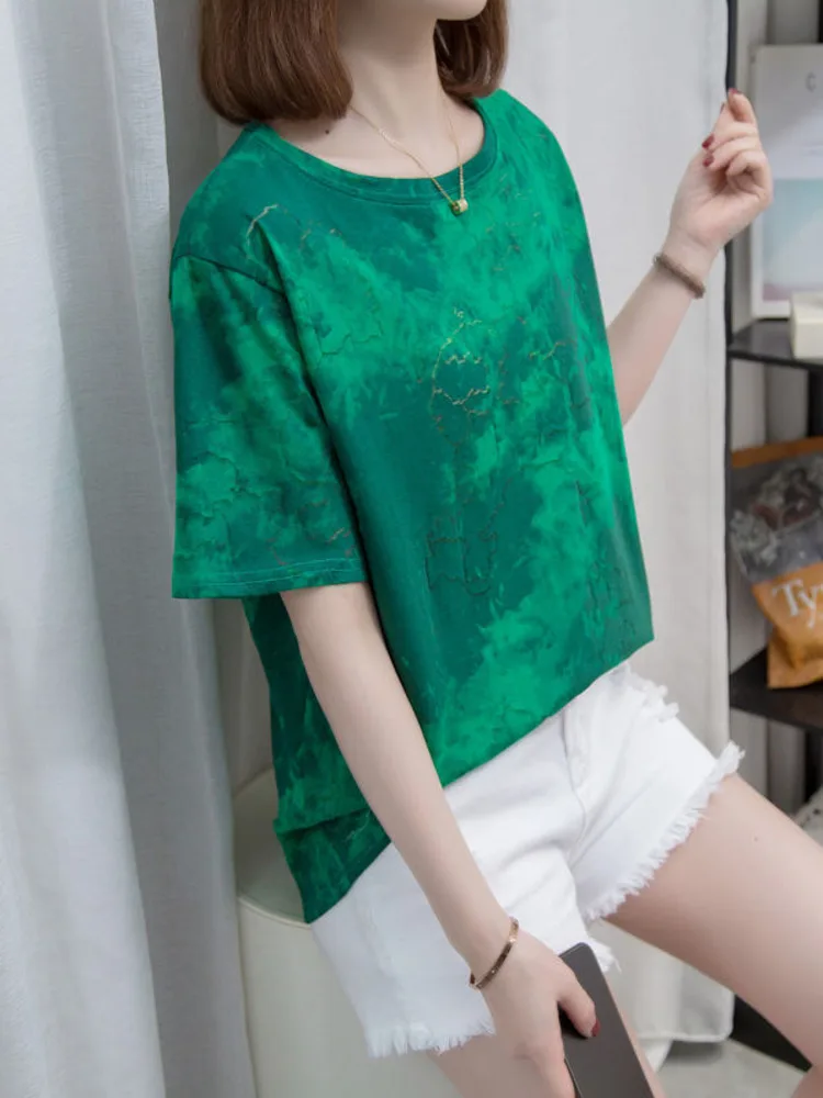 

Oversize Tie Dye Loose T-shirt For Women 2022 Summer Casual Short Sleeve Large Basic Tshirt Pattern Round Neck Streetwear Tops