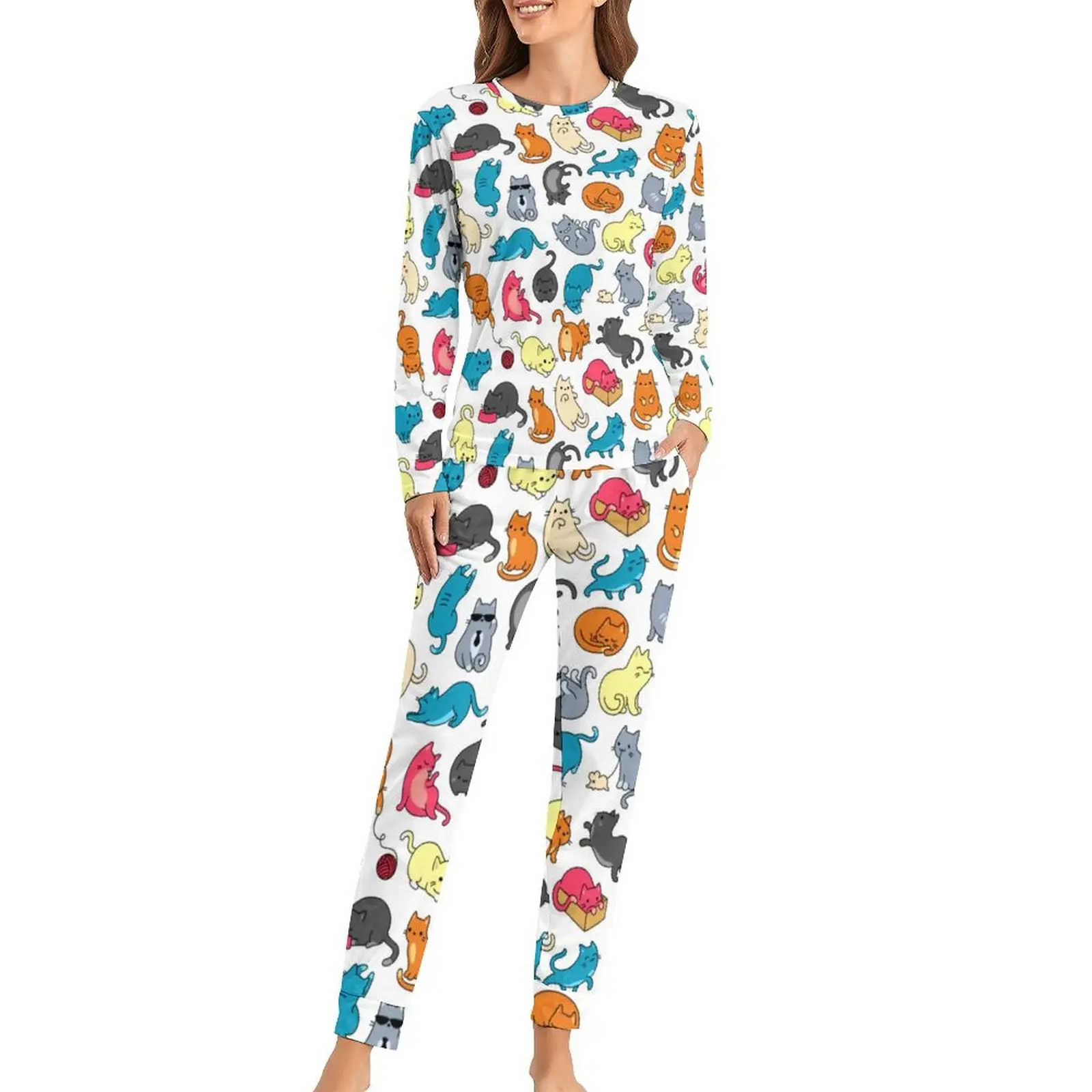 

Cartoon Meme Pajamas Cute Doodle Cats Casual Oversized Sleepwear Female 2 Pieces Print Pajama Sets Long Sleeve Kawaii Home Suit