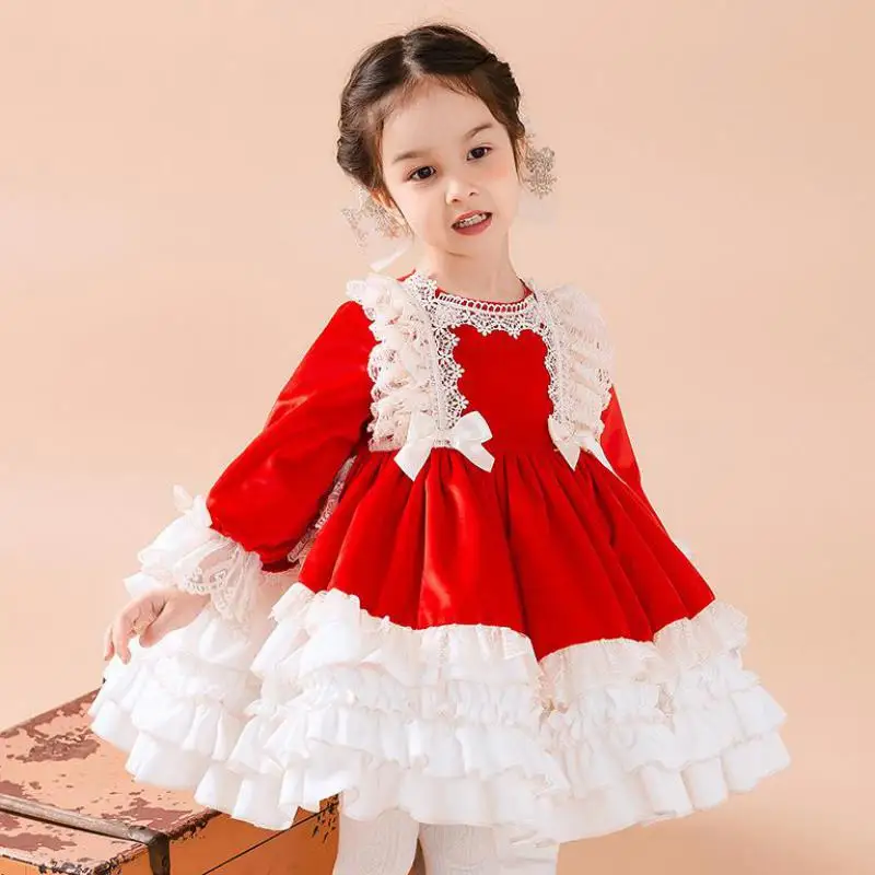 2022 Spanish Style Lolita Dress For Girls Long Sleeve Lace Ruffle Layered Hem Ball Gowns Children Kids Birthday Party Dresses