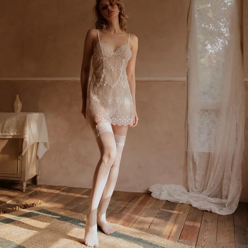 QWEEK White Nightdress Night Gowns for Women Sexy Sleepwear Lace Embroidery Snowflake Cutout Slip Nightwear Backless Nightie