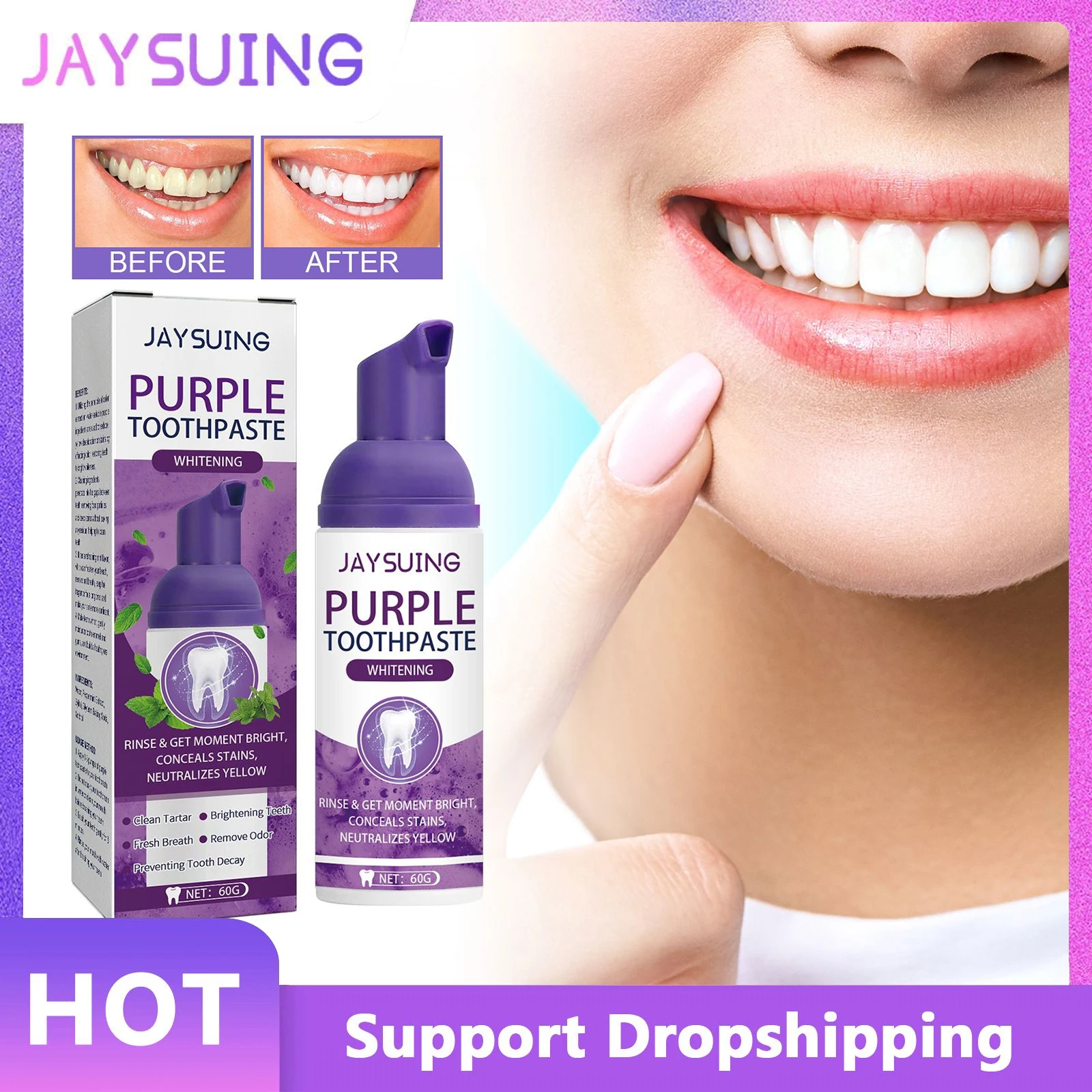 

Purple Toothpaste Whitening Teeth Stains Removal Dental Deep Cleansing Reduce Yellowing Gums Care Fresh Breath Brightening Tooth