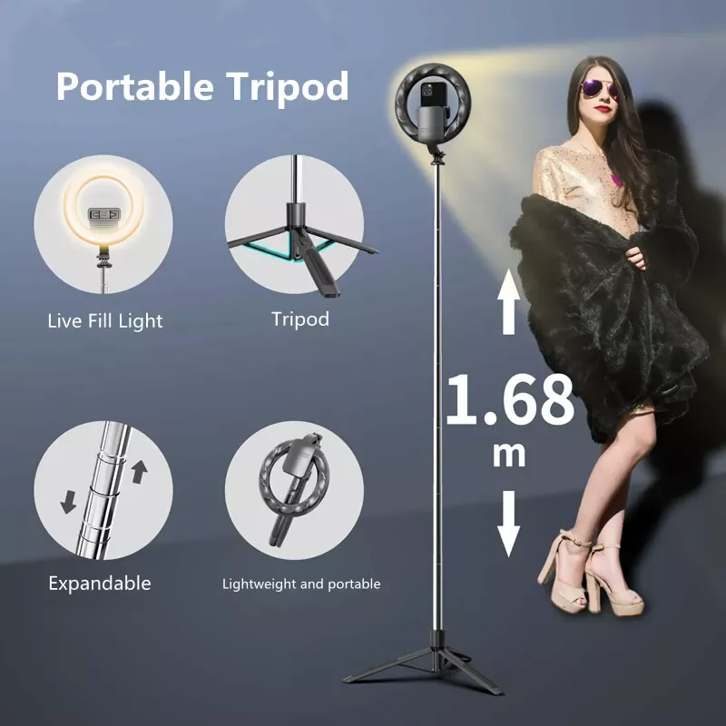 Wireless Bluetooth Selfie Stick Tripod Foldable Handheld Remote Shutter With Big LED Ring Photography Light For Android IOS enlarge