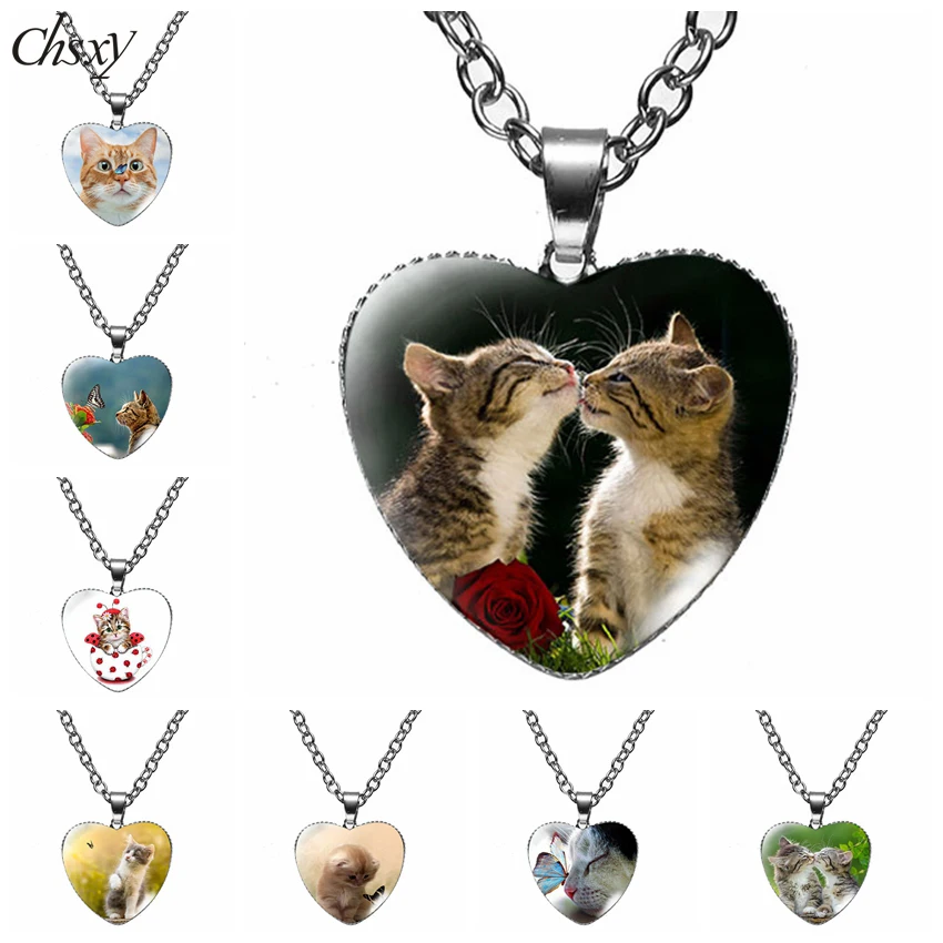 

Lovely Kittens Cute Pet Cats Necklaces Kawaii Cat Photo Heart Cabochon Glass Pendant Necklaces for Men Woman Party Friends Gifts