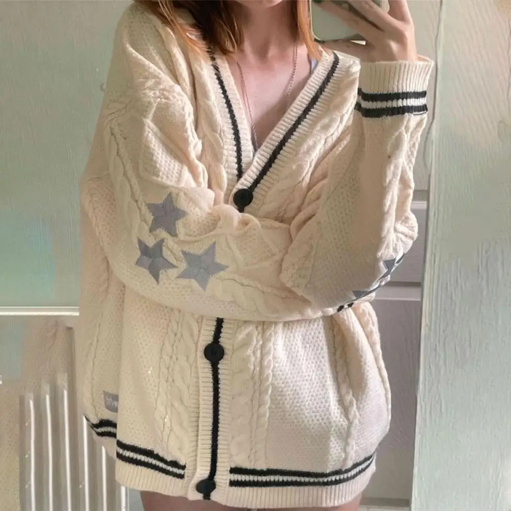 

Autumn Winter Women Sweater Striped Stitching V-neck Long Sleeve Outwear Star Print Twist Texture Knitwear Coat кардиган женский