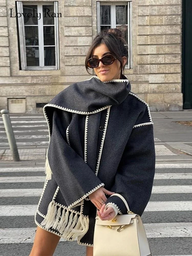 

Fashion Loose Women's Coat Long Sleeve Pocket With Scarf Single Breasted Female Coats 2023 Autumn Winter Lady Jacket
