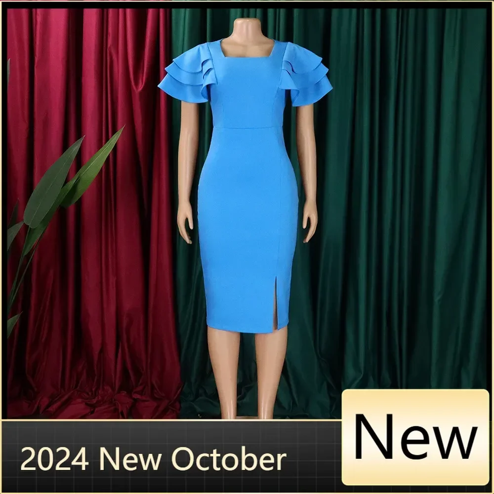 Summer Fashion Elegant Pencil Dress African Women OL Commuter Solid Ruffle Edge Puff Sleeve Tight Split