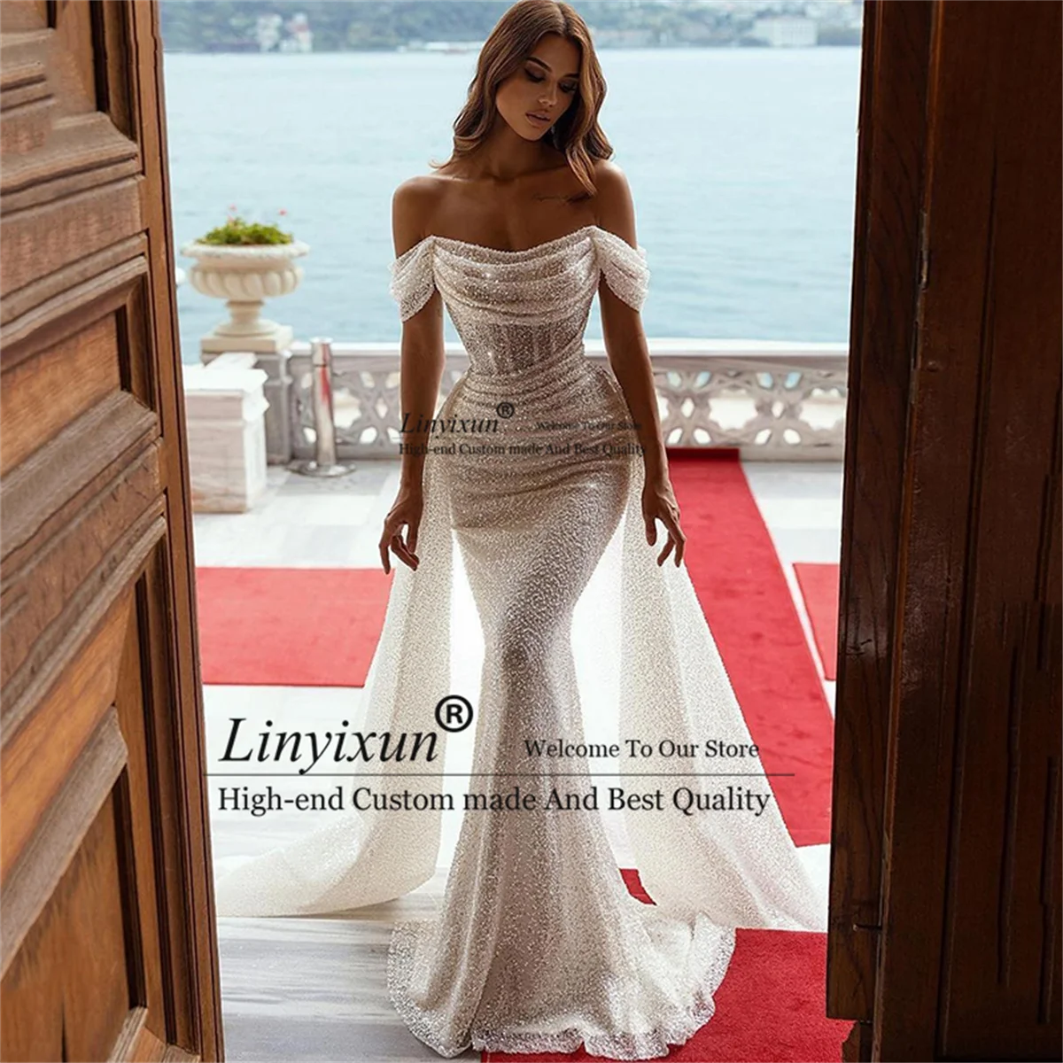 

Сексуальные блестящие платья-русалки для выпускного вечера с открытыми плечами без рукавов в стиле бохо вечерние платья с блестящим шлейфо...