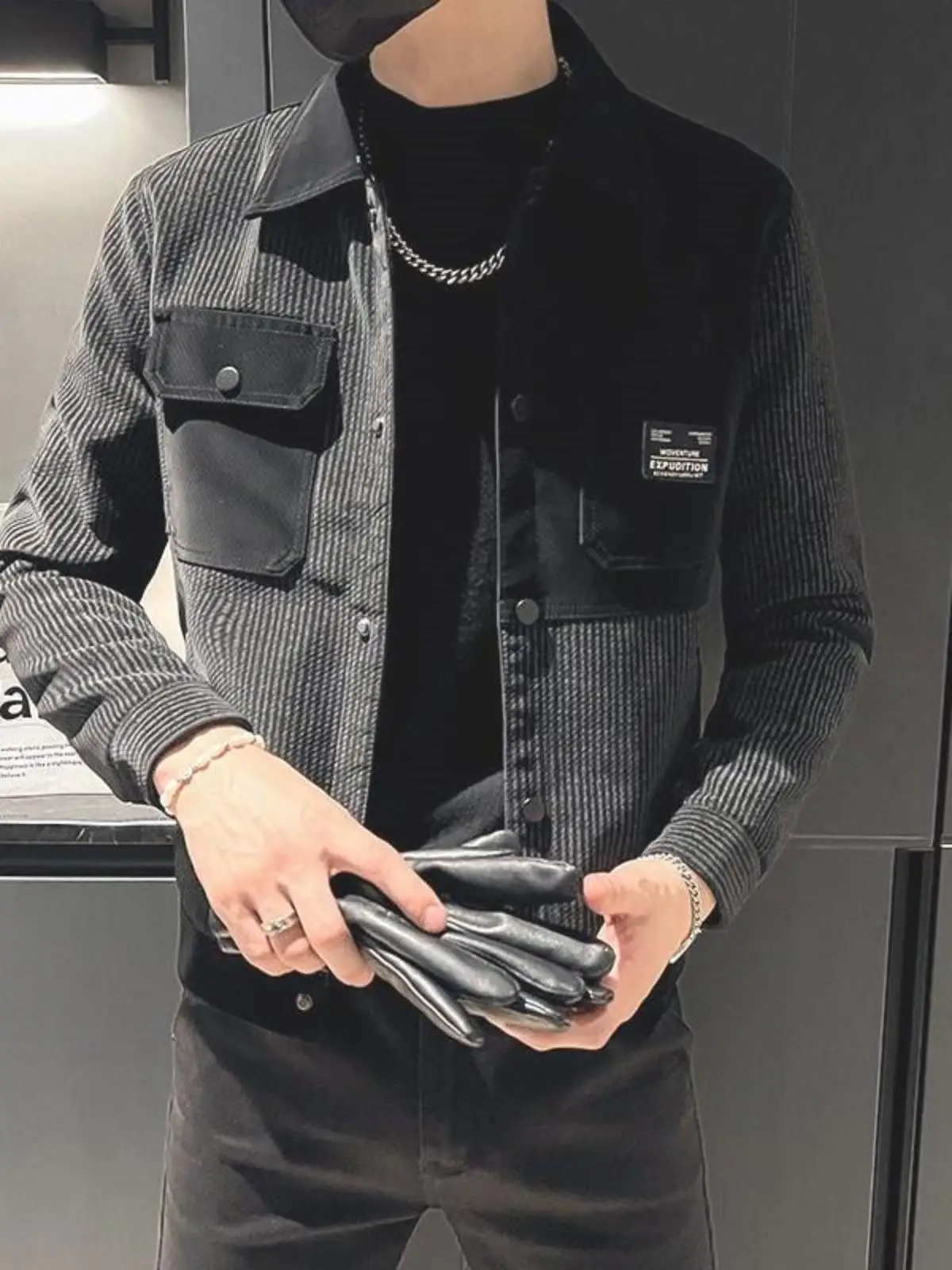 Winter Thickened Fleece-lined Leather jacket Men's Lapel Detachable Fur Collar Stripe Casual Patchwork Pu Shuai Motorcycle Cl...