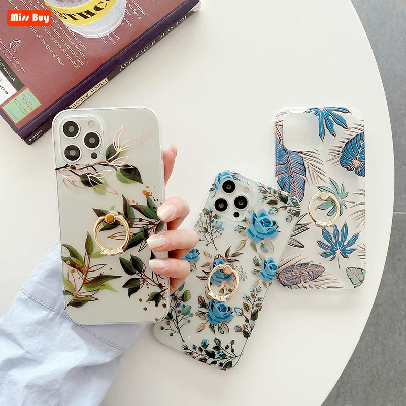 

Fashion Rose Flower Banana Leaf Finger Ring Holder Phone Case for iPhone 13 12 11 Pro 12 Mini Max X Xs Xr 7 8 Plus Cover Luxury