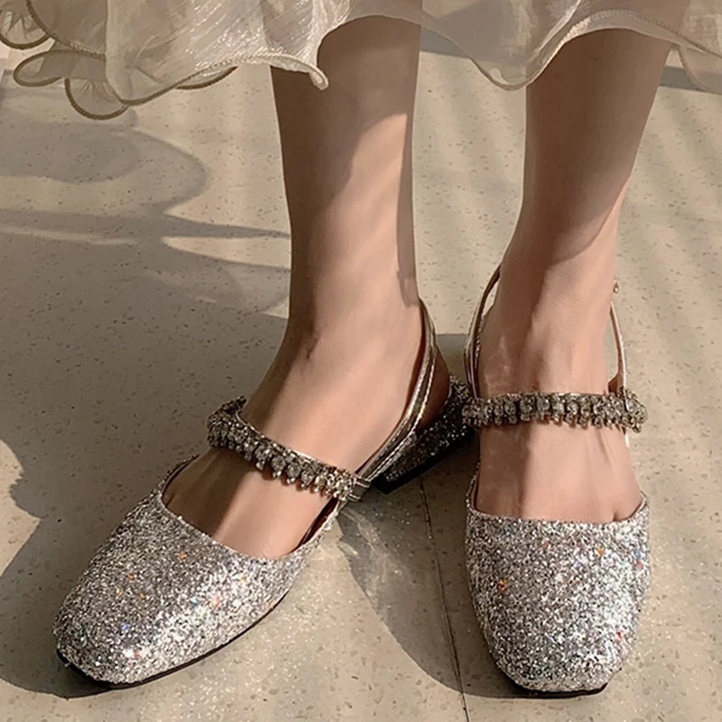 

Rimocy Shining Sequined Low Heels Mary Janes Shoes Women Patent Leather Rhinestone Strap Pumps Woman Slingback Thick Heel Shoes