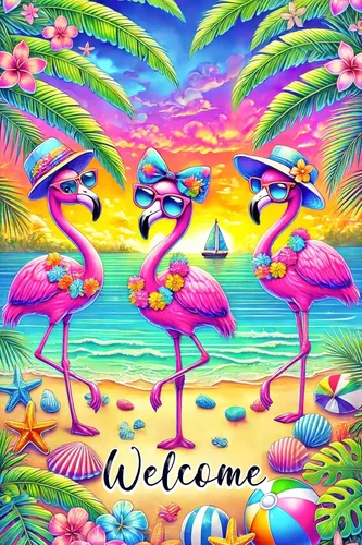 Фото Флаг для сада Welcome Flamingo Summer Garden, 12X18, двусторонний, с тропическими листьями, для улицы D TTP AAL HHM WZZ №5
