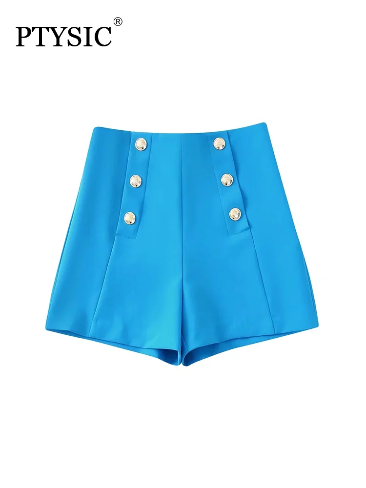 

Fashion Women Blue Bermuda Shorts With Golden Buttons 2022 Summer High Waist Invisible Zip Casual Girls Streetwear