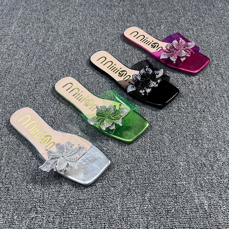

Women's Shoes Rhinestones Flat Slippers for Women 2022 Summer New Fashion Square-Toe Crystal Sandals Luxury Brand Designer Shoes