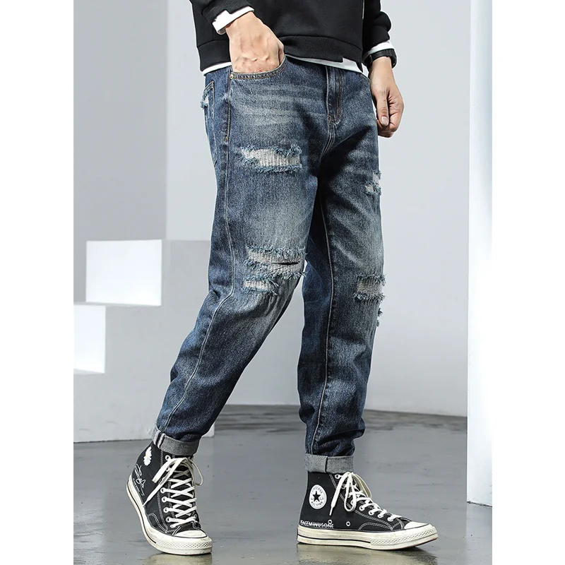 Men Clothing New Pattern Hole Patch Jeans Loose Recreational Straight Cylinder Blue Temperament Wide Leg Trousers Autumn Female
