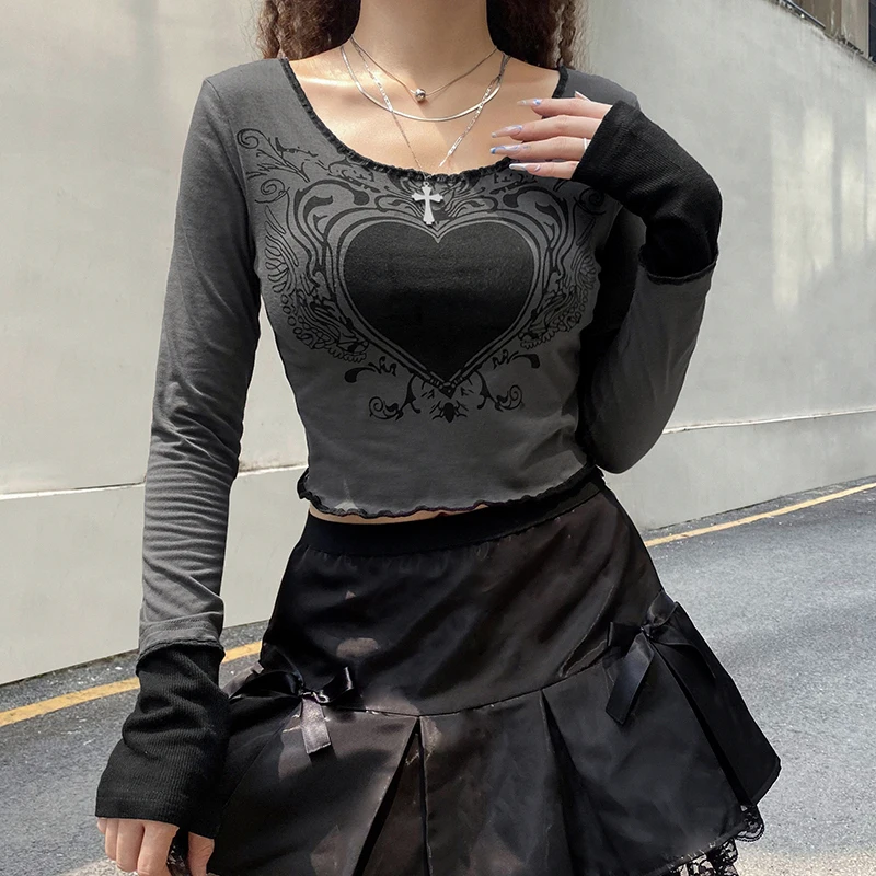 

Grunge Retro Fashion Heart Printed Autumn T-shirts for Women Crop Top Dark Academia Gothic Clothes Aesthetic T shirt