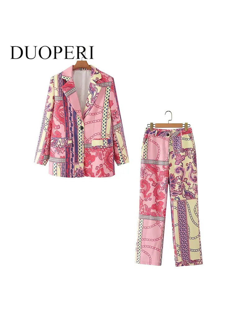 

DUOPERI Women Fashion 2 Piece Suits Printed Single Button Blazer & Vintage Front Zipper Trousers Female Blazer Pants Set