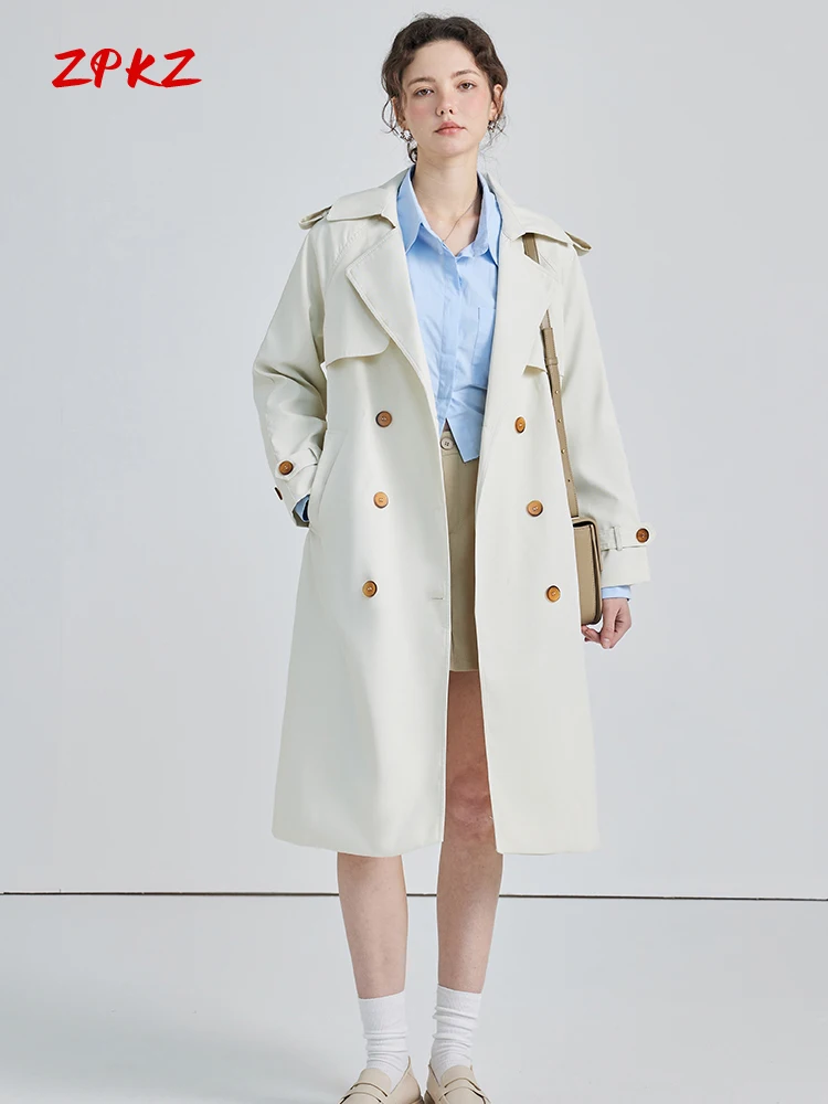 

ZPKZ Off-White Double-Breasted Women Trench Coat Casual Jacket New Stylish British Style Long Sleeved Loose Coat