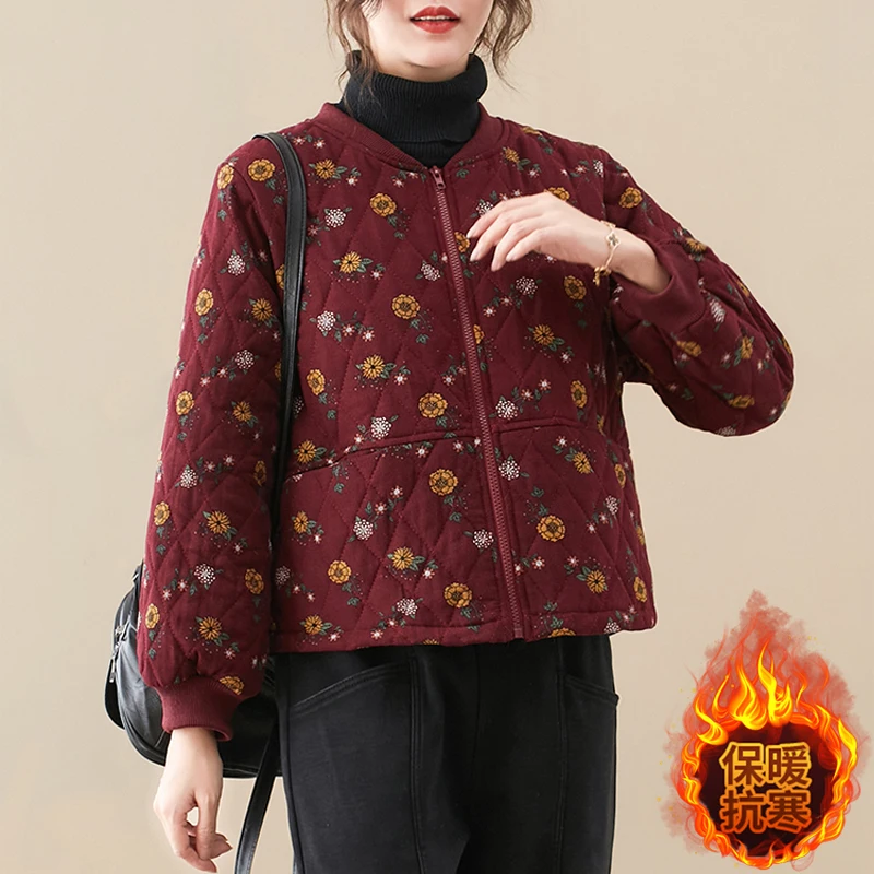 

Винтажная хлопковая куртка с принтом, женская зимняя Свободная Повседневная Толстая хлопковая куртка с Бейсбольным воротником, короткое п...