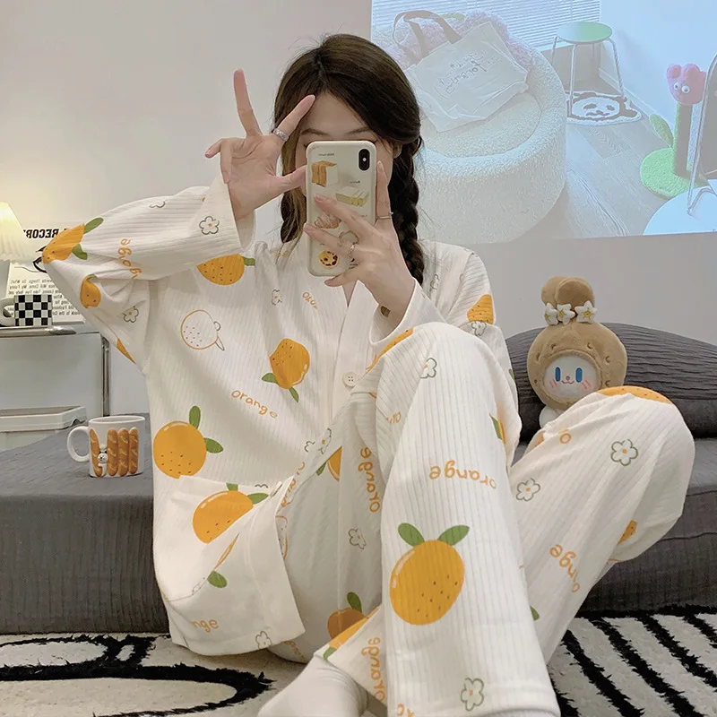 Yasuk Spring Autumn Fashion Women's Casual Soft Cotton Sleepwear Homewear Pajamas Set With Pants Orange Print